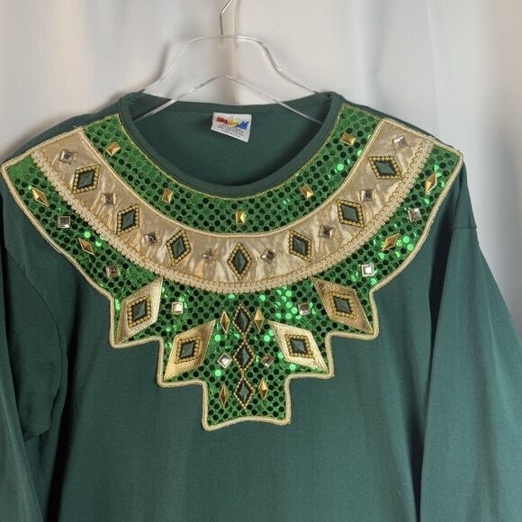 Vintage FOCUS Gold Lame Embroidered Studded Emerald Green Tunic Top One Size - Picture 2 of 5